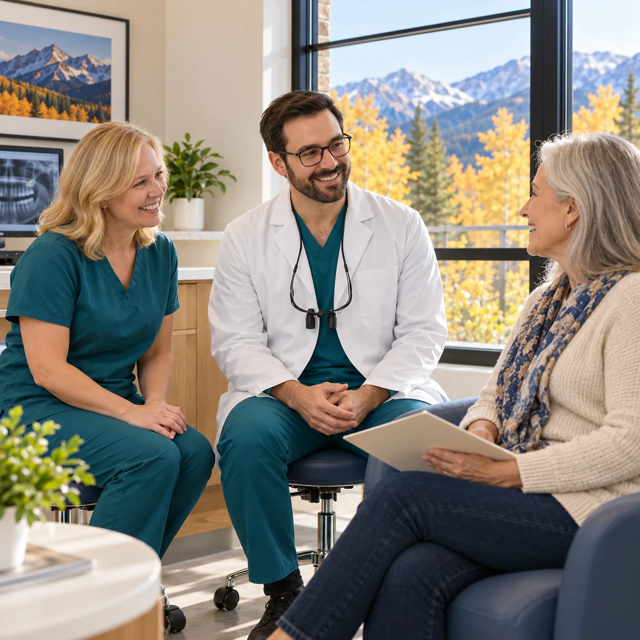 Two clinicians discuss care with an older patient beside a sunlit autumn window