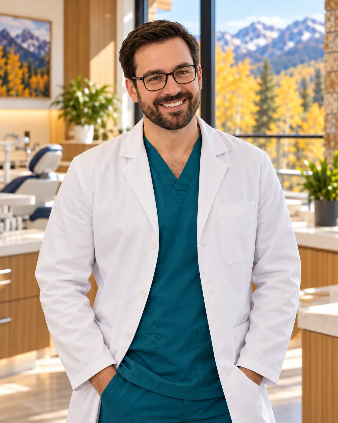 Illustrative portrait of Dr. Nathan Carter with dark hair, a beard, glasses, and a white coat over teal scrubs