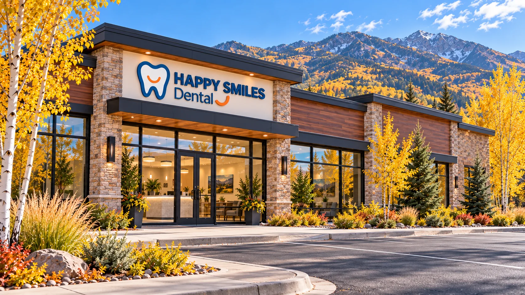 Happy Smiles Dental office with blue and orange signage, stone walls, and autumn mountains