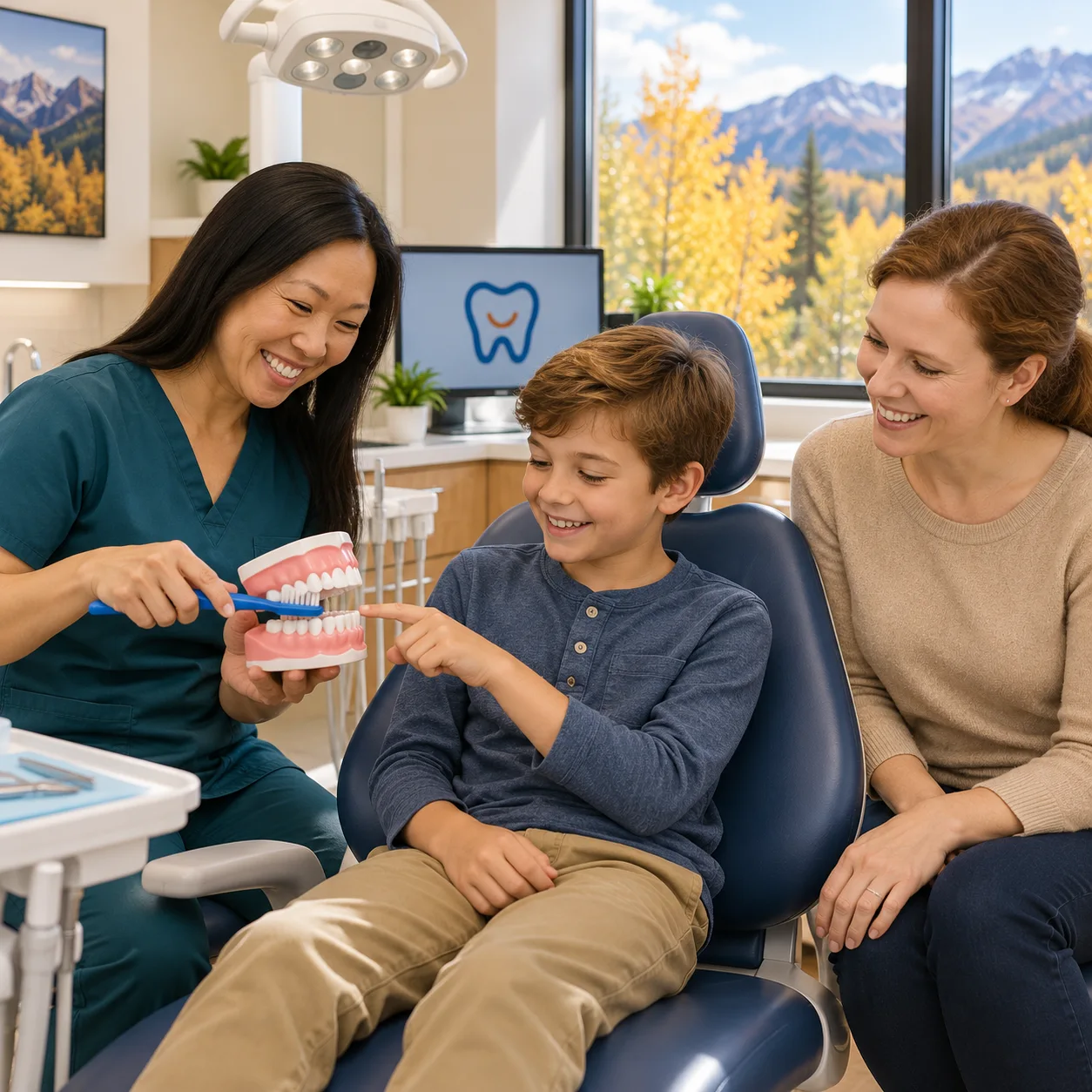 Clinician demonstrates brushing on a dental model with a child and parent