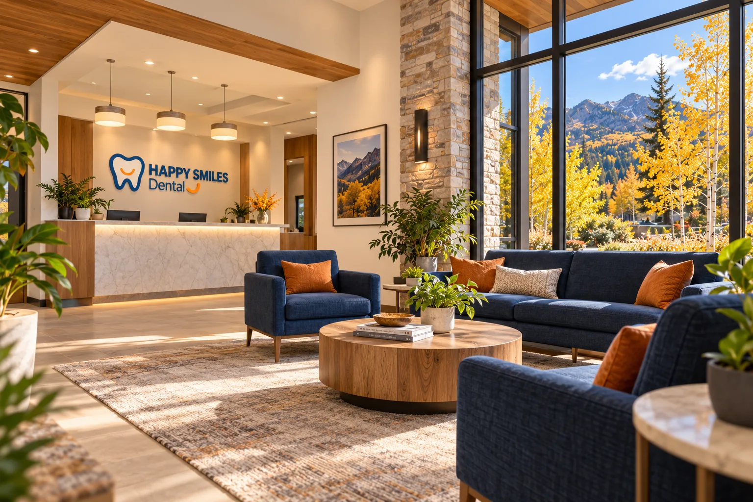 Navy lounge seating beside tall windows overlooking golden aspens and mountains