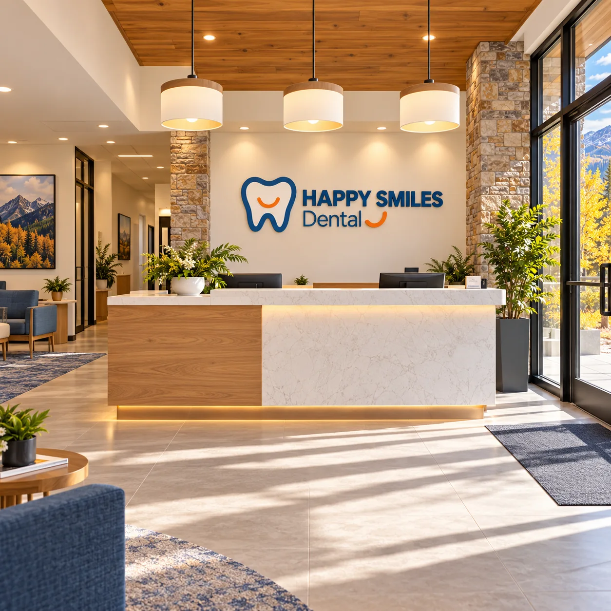 White stone and oak reception desk beneath blue and orange Happy Smiles Dental signage