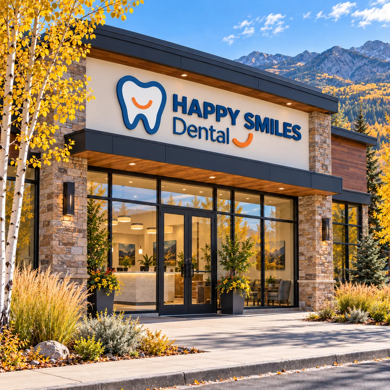 Glass entrance beneath the Happy Smiles Dental sign, framed by golden autumn trees