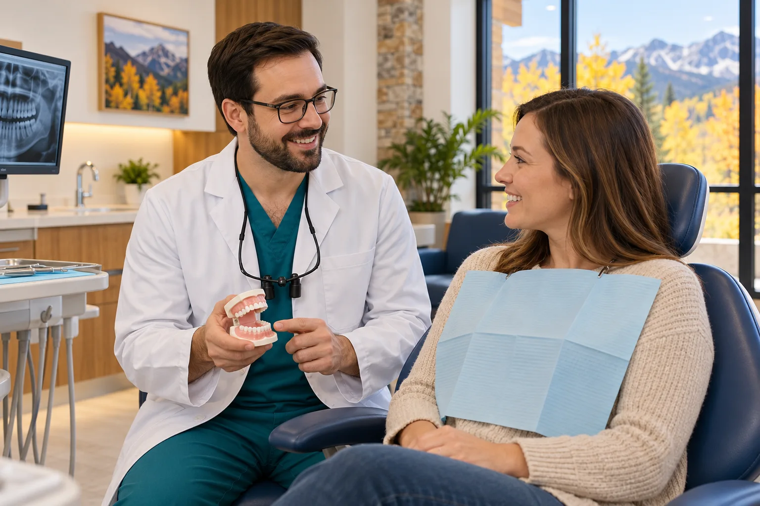 Dentist in glasses explains a dental model to a patient seated in a navy treatment chair